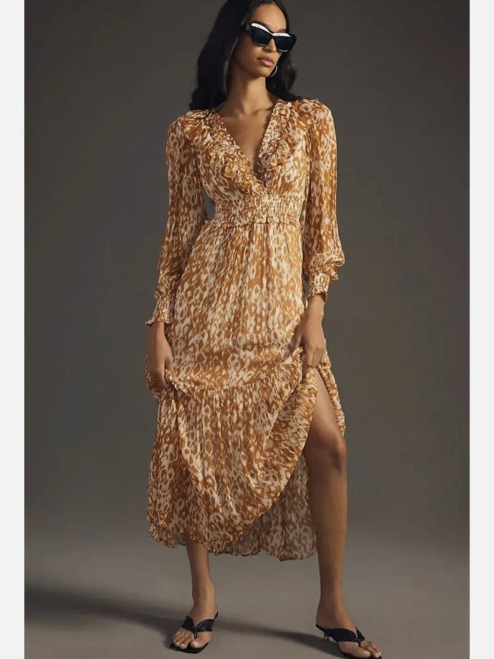 Anthropologie Odetta Midi Dress Ruffle V-Neck Romantic Medium
